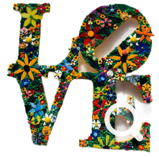 Mosaic rendition of the classic LOVE postage stamp, by Mary Dunn Cauley